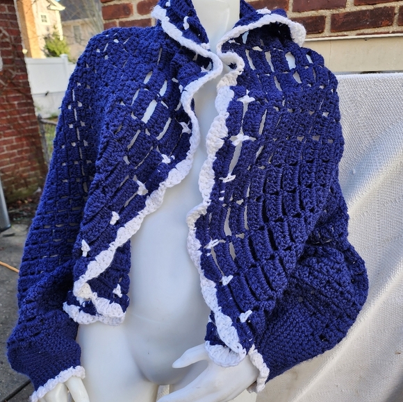 Vintage Handmade Crochet‎ shawl collar sweater OSFM - Picture 7 of 10